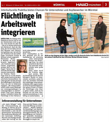 Zeitungsartikel Flüchtlinge in Handwerksbetrieben wie Schiller & Wimmer